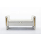 Banc de rangement en velours gris clair/ivoire avec accoudoirs et garniture dorée – Simple