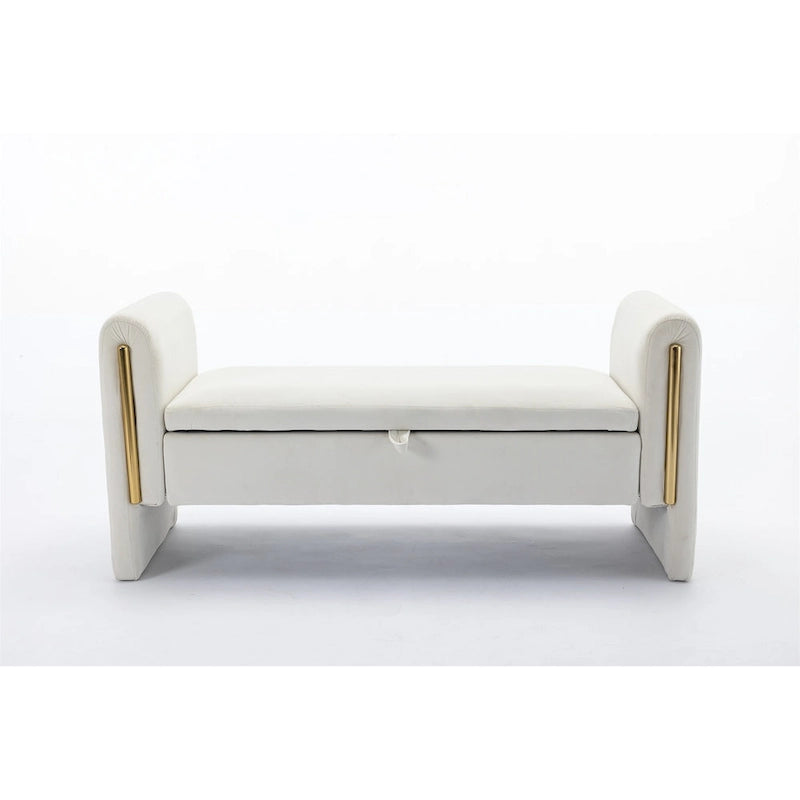 Banc de rangement en velours gris clair/ivoire avec accoudoirs et garniture dorée – Simple
