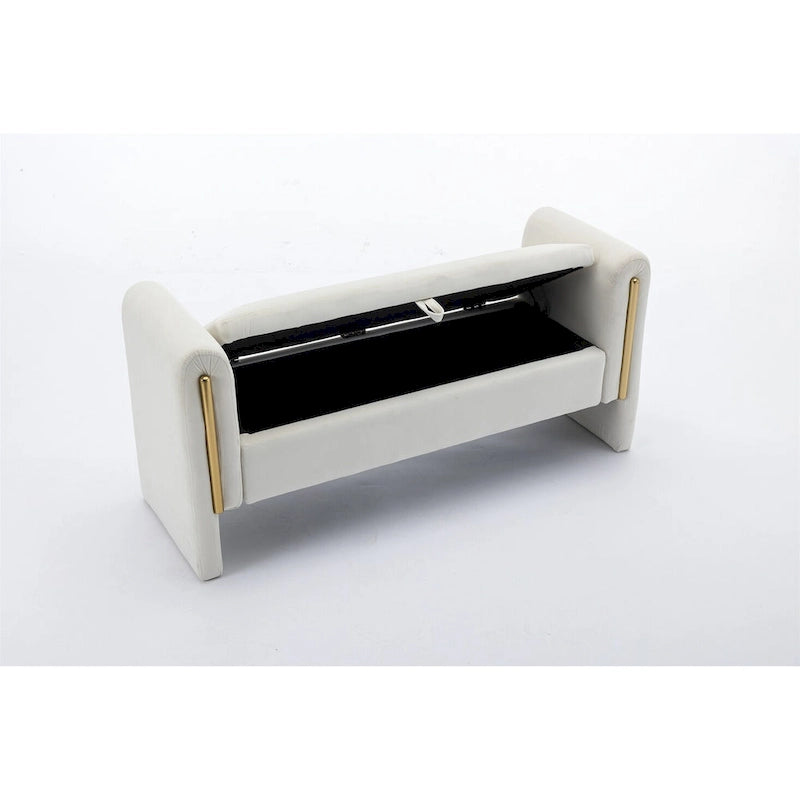 Banc de rangement en velours gris clair/ivoire avec accoudoirs et garniture dorée – Simple