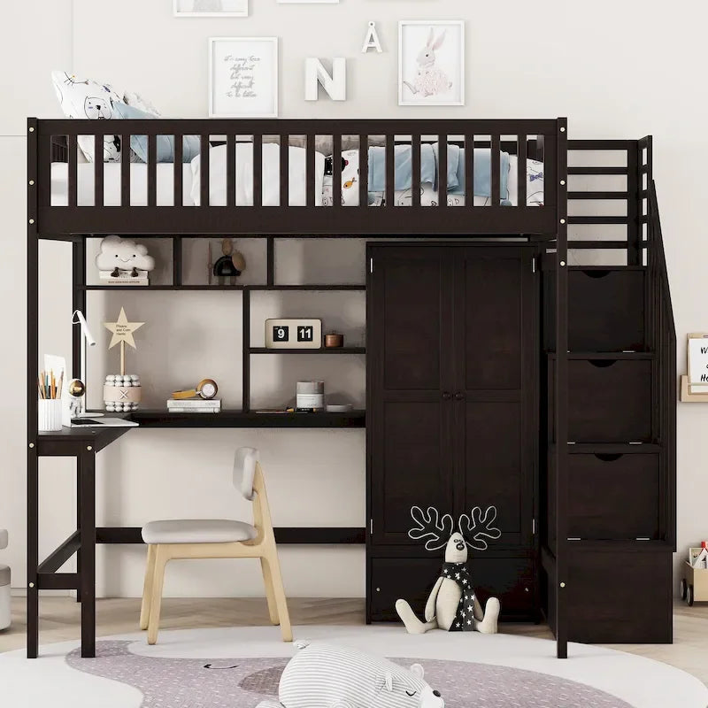 Lit mezzanine complet en contreplaqué et pin noir/gris/blanc avec étagère, tiroirs, bureau et armoire – Lit simple