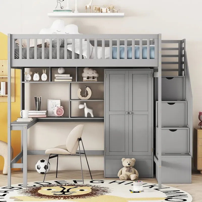 Lit mezzanine complet en contreplaqué et pin noir/gris/blanc avec étagère, tiroirs, bureau et armoire – Lit simple
