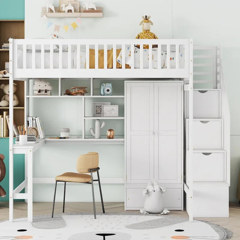 Lit mezzanine complet en contreplaqué et pin noir/gris/blanc avec étagère, tiroirs, bureau et armoire – Lit simple