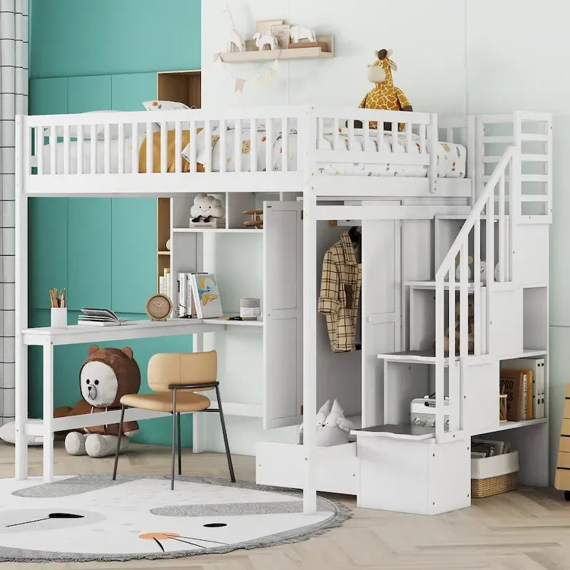Lit mezzanine complet en contreplaqué et pin noir/gris/blanc avec étagère, tiroirs, bureau et armoire – Lit simple