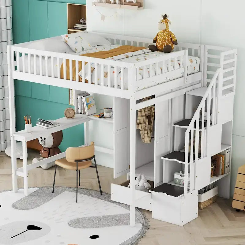 Lit mezzanine complet en contreplaqué et pin noir/gris/blanc avec étagère, tiroirs, bureau et armoire – Lit simple