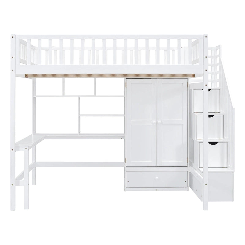 Lit mezzanine complet en contreplaqué et pin noir/gris/blanc avec étagère, tiroirs, bureau et armoire – Lit simple