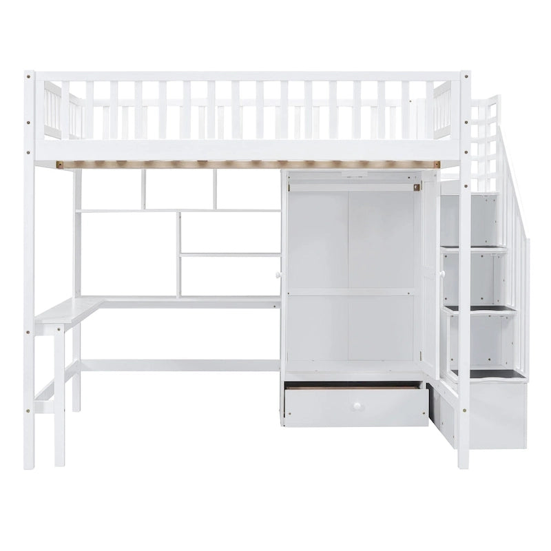 Lit mezzanine complet en contreplaqué et pin noir/gris/blanc avec étagère, tiroirs, bureau et armoire – Lit simple