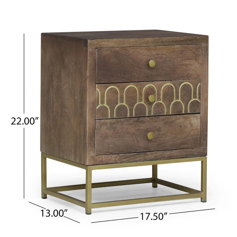 Table de chevet à 3 tiroirs en noyer et manguier avec détails en écailles de poisson dorées et cadre en fer – Simple