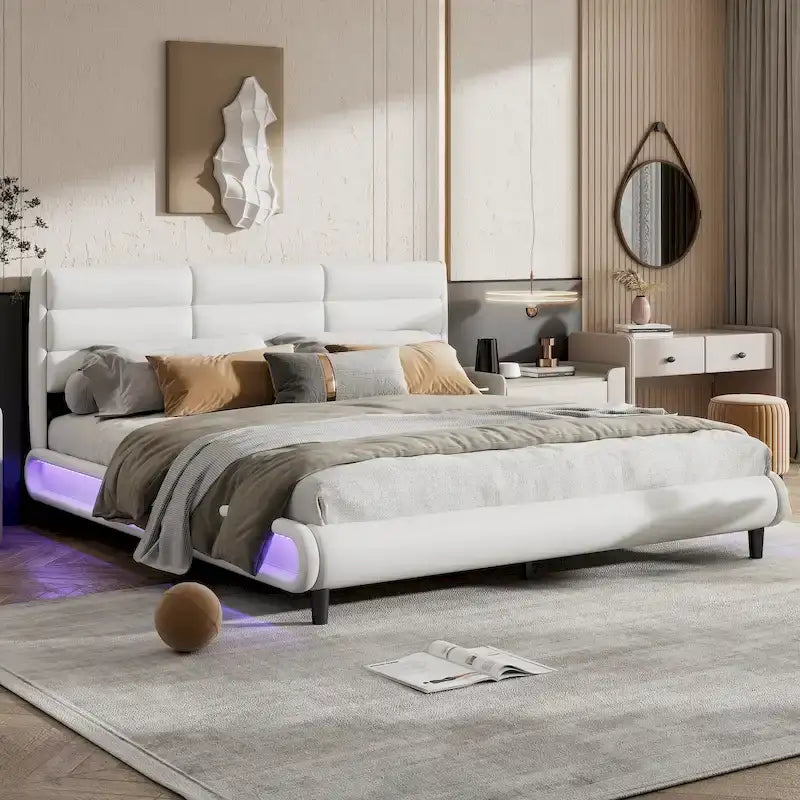 Lit plateforme king size en PU beige avec bandeaux lumineux LED – 1 à 2 couchages