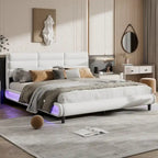 Lit plateforme king size en PU beige avec bandeaux lumineux LED – 1 à 2 couchages