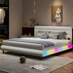 Lit plateforme king size en PU beige avec bandeaux lumineux LED – 1 à 2 couchages