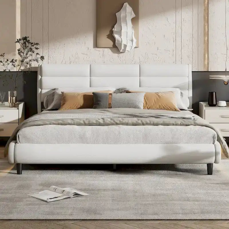 Lit plateforme king size en PU beige avec bandeaux lumineux LED – 1 à 2 couchages