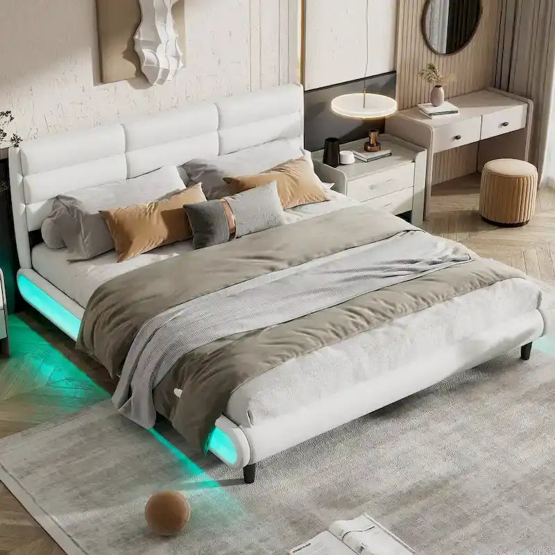 Lit plateforme king size en PU beige avec bandeaux lumineux LED – 1 à 2 couchages