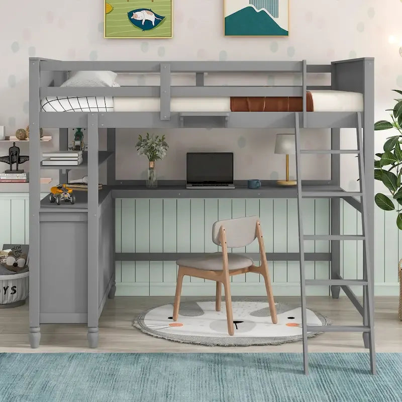 Lit mezzanine une place gris en pin massif avec tiroirs, bureau, étagères et barrières de sécurité