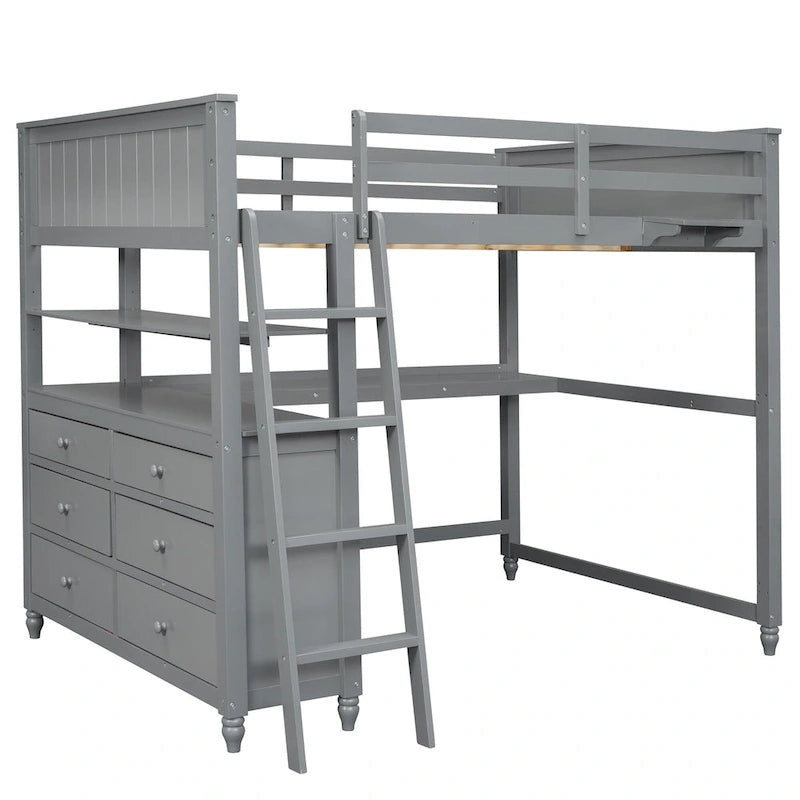 Lit mezzanine une place gris en pin massif avec tiroirs, bureau, étagères et barrières de sécurité