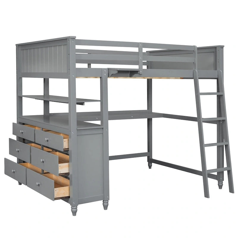Lit mezzanine une place gris en pin massif avec tiroirs, bureau, étagères et barrières de sécurité