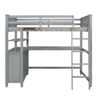 Lit mezzanine une place gris en pin massif avec tiroirs, bureau, étagères et barrières de sécurité
