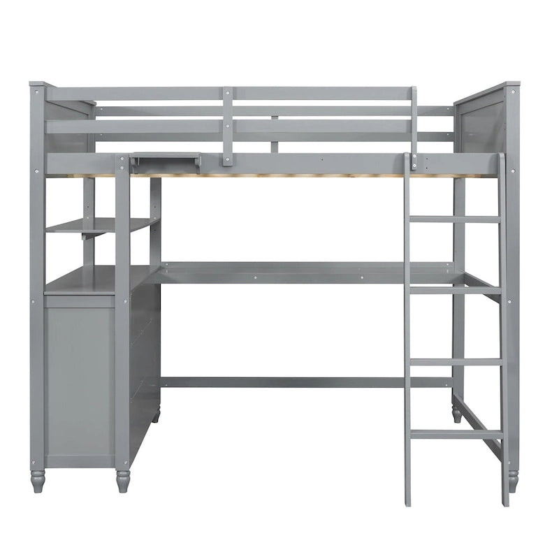 Lit mezzanine une place gris en pin massif avec tiroirs, bureau, étagères et barrières de sécurité
