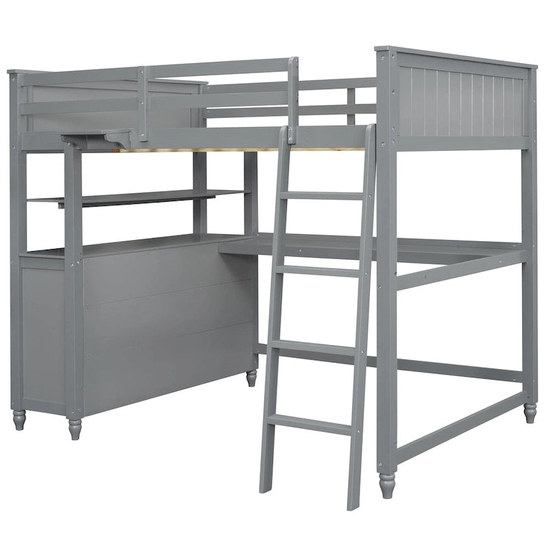Lit mezzanine une place gris en pin massif avec tiroirs, bureau, étagères et barrières de sécurité