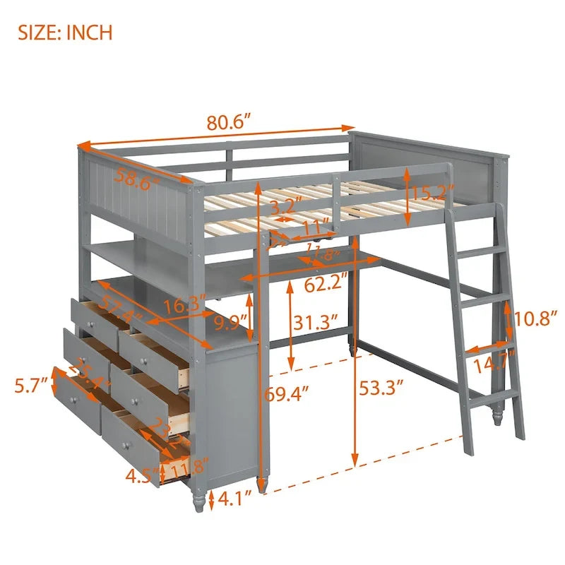 Lit mezzanine une place gris en pin massif avec tiroirs, bureau, étagères et barrières de sécurité