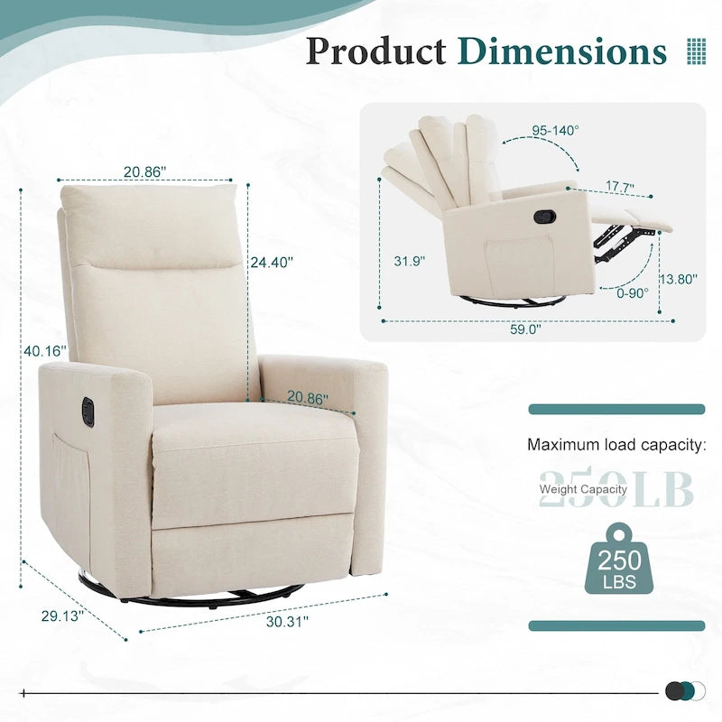 Fauteuil inclinable manuel pivotant à 360° en lin gris / marron / beige avec repose-pieds réglable – Simple