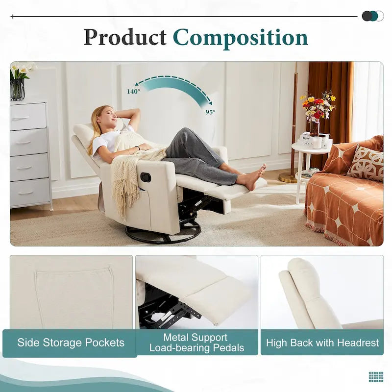 Fauteuil inclinable manuel pivotant à 360° en lin gris / marron / beige avec repose-pieds réglable – Simple
