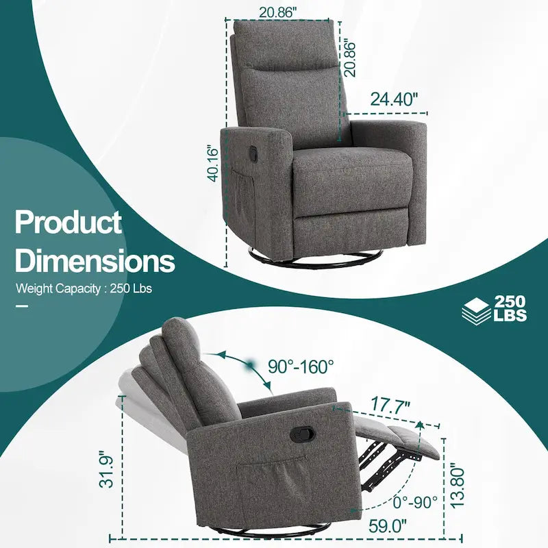 Fauteuil inclinable manuel pivotant à 360° en lin gris / marron / beige avec repose-pieds réglable – Simple