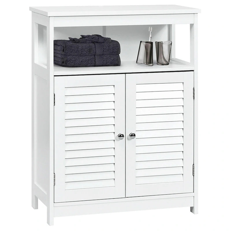 Meuble de rangement de salle de bain au sol en MDF blanc avec double porte persienne et étagère ouverte – Simple