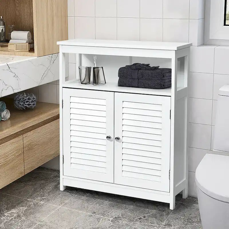 Meuble de rangement de salle de bain au sol en MDF blanc avec double porte persienne et étagère ouverte – Simple
