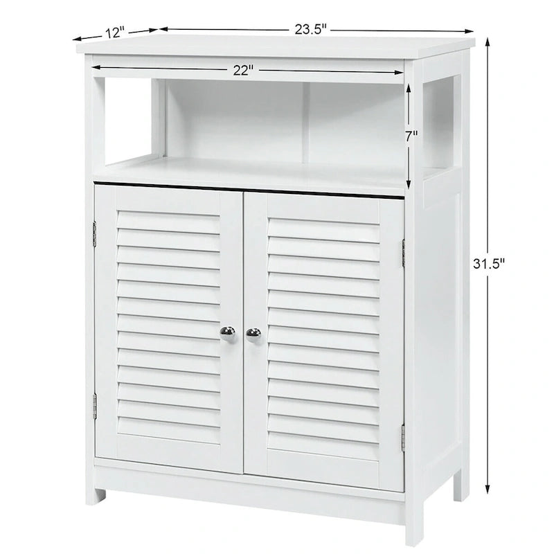 Meuble de rangement de salle de bain au sol en MDF blanc avec double porte persienne et étagère ouverte – Simple