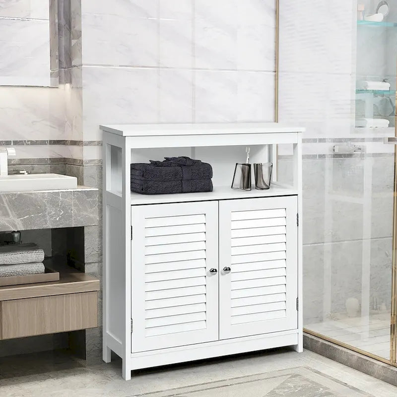 Meuble de rangement de salle de bain au sol en MDF blanc avec double porte persienne et étagère ouverte – Simple