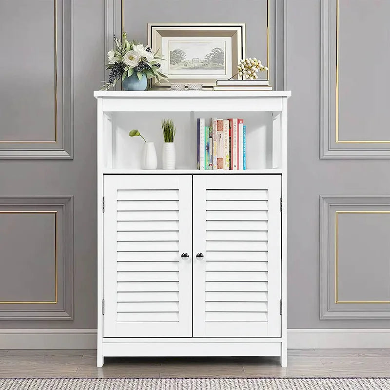 Meuble de rangement de salle de bain au sol en MDF blanc avec double porte persienne et étagère ouverte – Simple