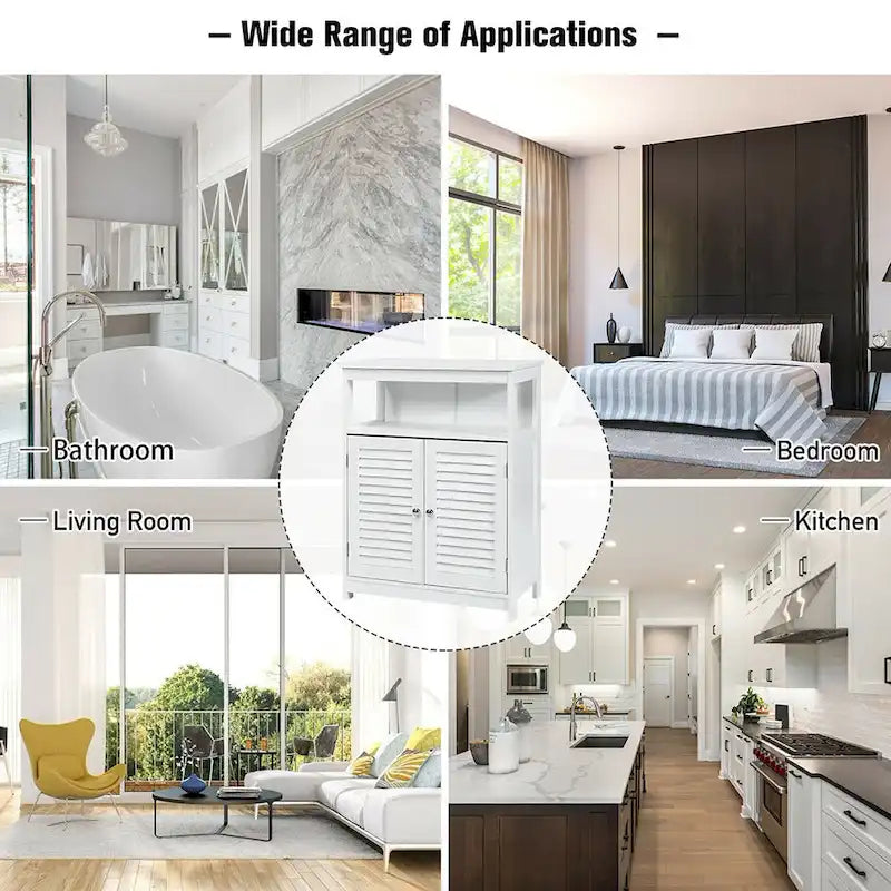 Meuble de rangement de salle de bain au sol en MDF blanc avec double porte persienne et étagère ouverte – Simple