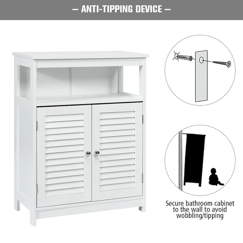 Meuble de rangement de salle de bain au sol en MDF blanc avec double porte persienne et étagère ouverte – Simple