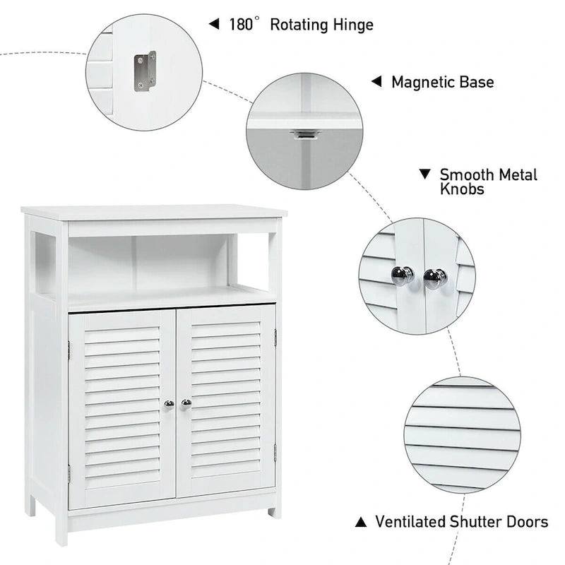 Meuble de rangement de salle de bain au sol en MDF blanc avec double porte persienne et étagère ouverte – Simple