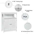 Meuble de rangement de salle de bain au sol en MDF blanc avec double porte persienne et étagère ouverte – Simple