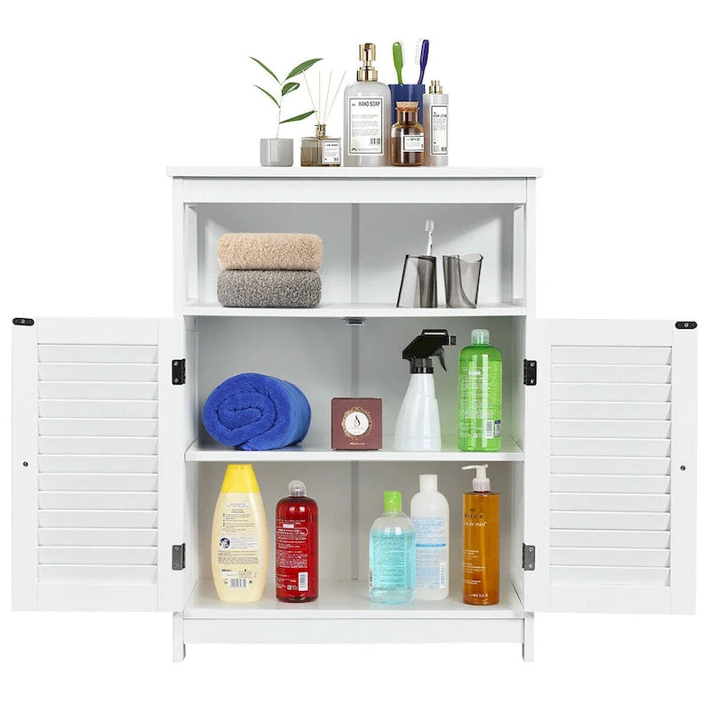 Meuble de rangement de salle de bain au sol en MDF blanc avec double porte persienne et étagère ouverte – Simple