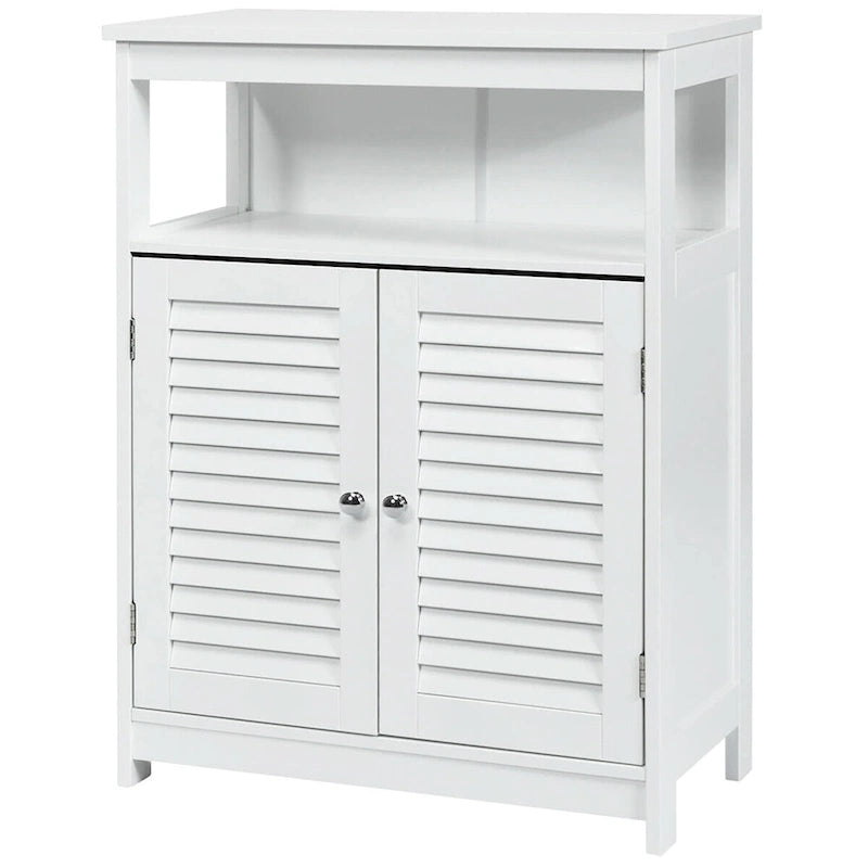 Meuble de rangement de salle de bain au sol en MDF blanc avec double porte persienne et étagère ouverte – Simple
