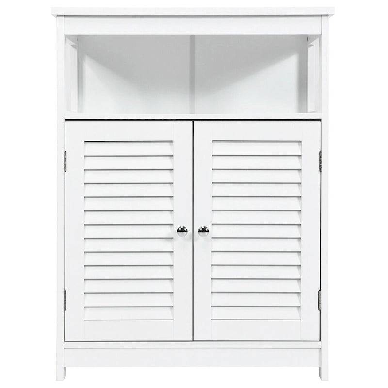 Meuble de rangement de salle de bain au sol en MDF blanc avec double porte persienne et étagère ouverte – Simple