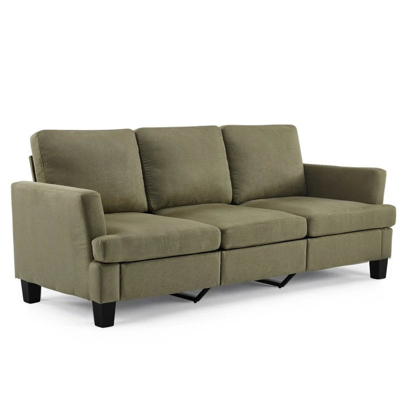 Canapé 3 places en suède à accoudoirs carrés et pieds trapézoïdaux, beige / blanc cassé / bleu-gris / gris / vert foncé / marron-vert