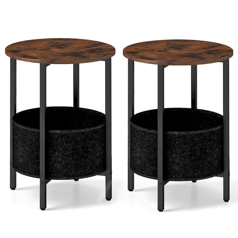 Table d'appoint ronde marron rustique et noire avec panier en feutre – Utilisation pour 1 ou 2 personnes