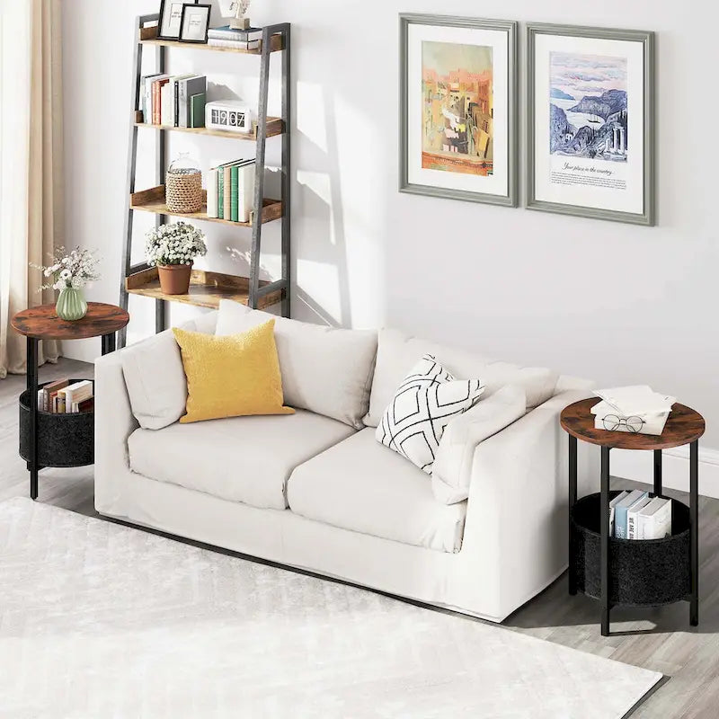 Table d'appoint ronde marron rustique et noire avec panier en feutre – Utilisation pour 1 ou 2 personnes