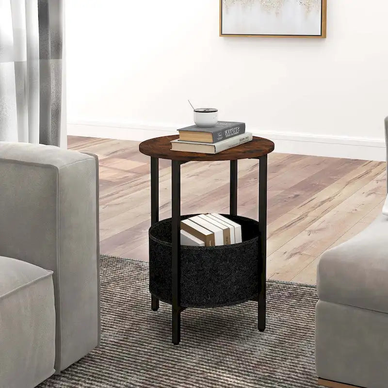 Table d'appoint ronde marron rustique et noire avec panier en feutre – Utilisation pour 1 ou 2 personnes