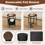 Table d'appoint ronde marron rustique et noire avec panier en feutre – Utilisation pour 1 ou 2 personnes