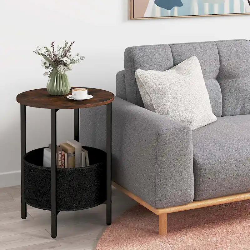 Table d'appoint ronde marron rustique et noire avec panier en feutre – Utilisation pour 1 ou 2 personnes
