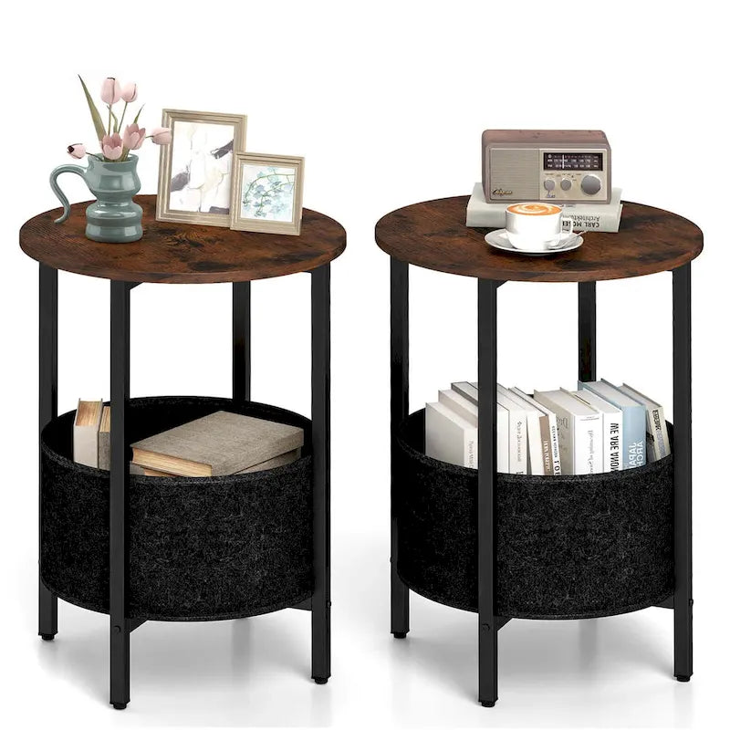 Table d'appoint ronde marron rustique et noire avec panier en feutre – Utilisation pour 1 ou 2 personnes