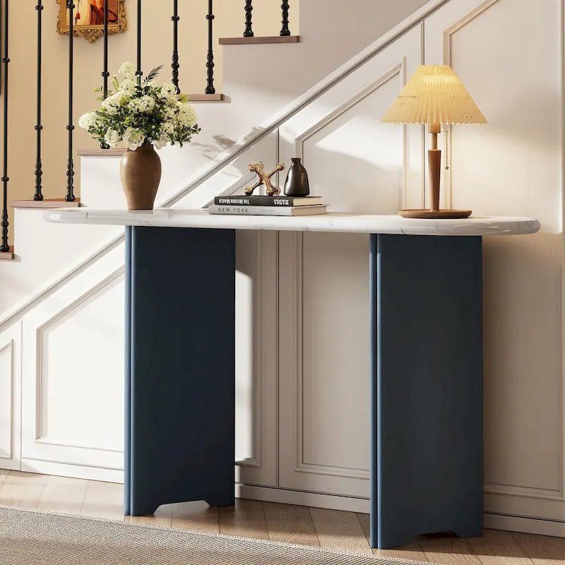 Console de table à plateau en similicuir marbre bleu marine et blanc, pour 1