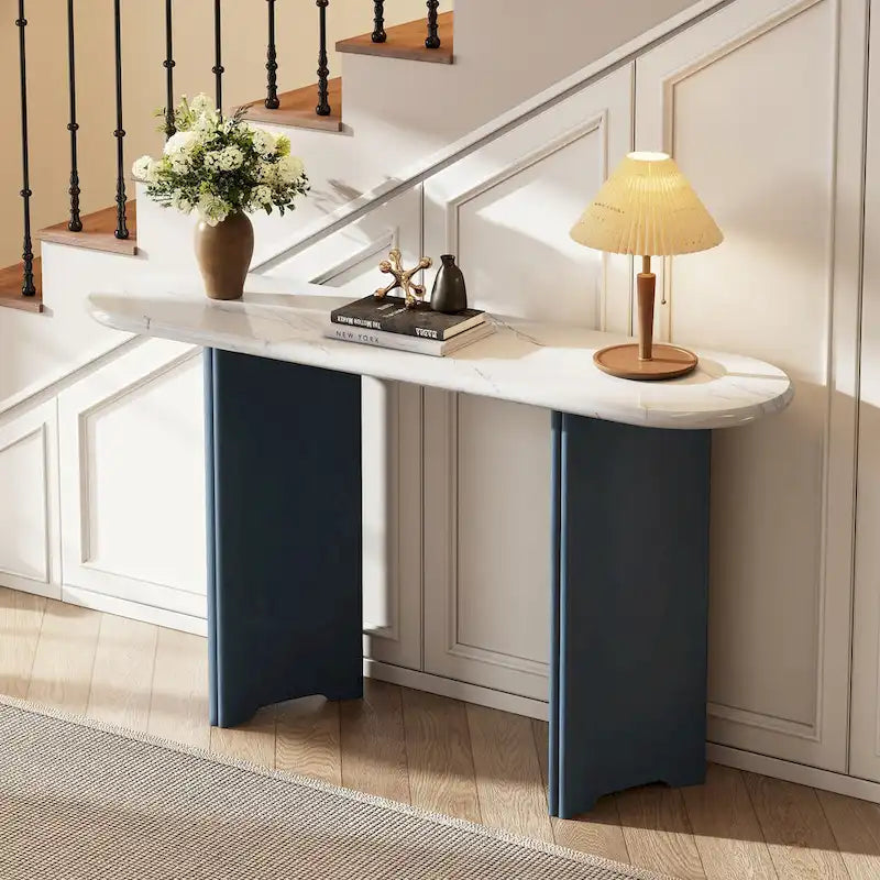 Console de table à plateau en similicuir marbre bleu marine et blanc, pour 1