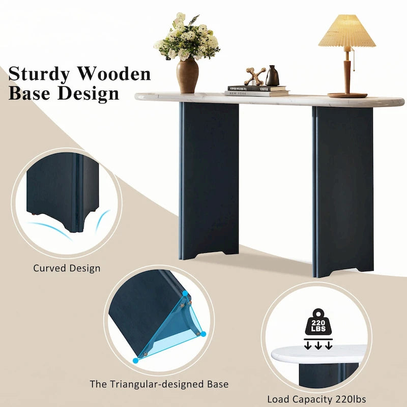 Console de table à plateau en similicuir marbre bleu marine et blanc, pour 1