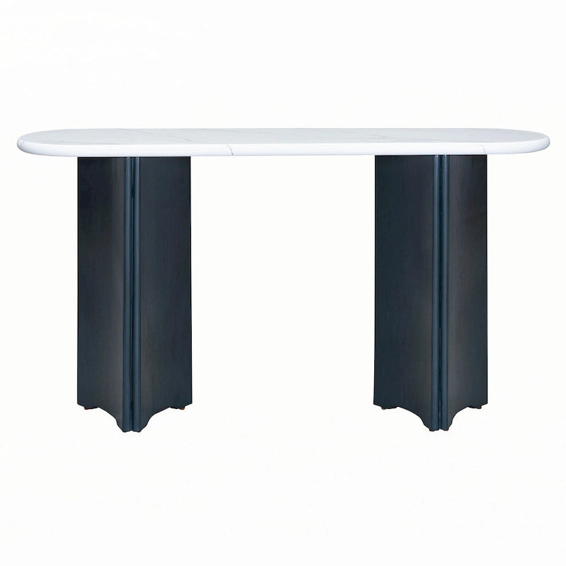 Console de table à plateau en similicuir marbre bleu marine et blanc, pour 1