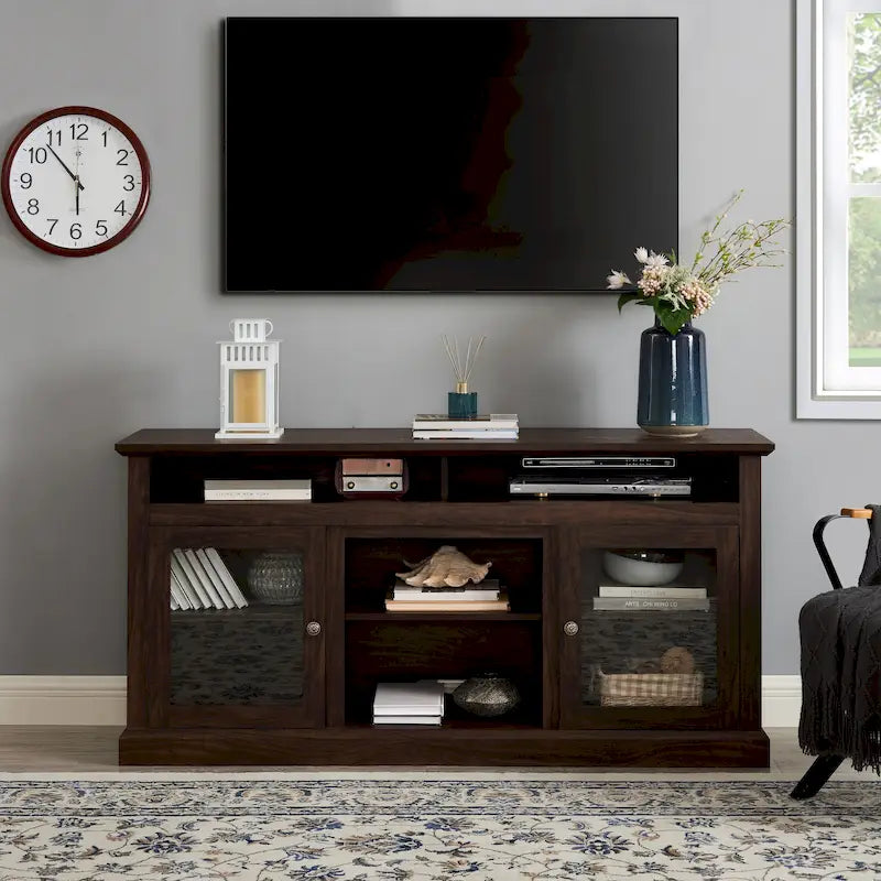 Meuble TV en bois rustique marron et métal avec 4 étagères ouvertes et 2 placards – Individuel